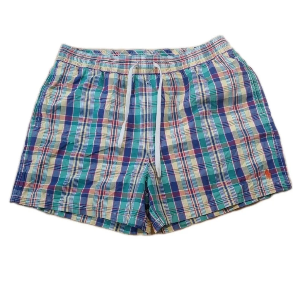Vtg Polo Ralph Lauren Swimwear Trunks Swim Shorts Large Plaid Pony Logo Preppy